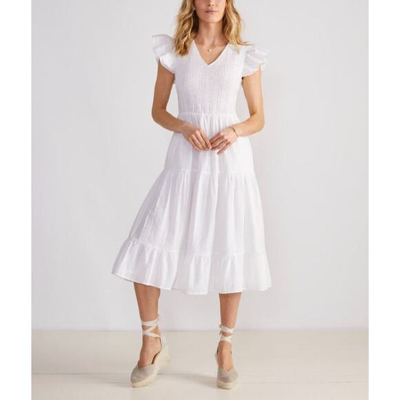 NWT WHITE VINEYARD VINES WOMENS SMOCKED V-NECK MIDI FLOWY COTTON DRESS SIZE 3X - Picture 1 of 7